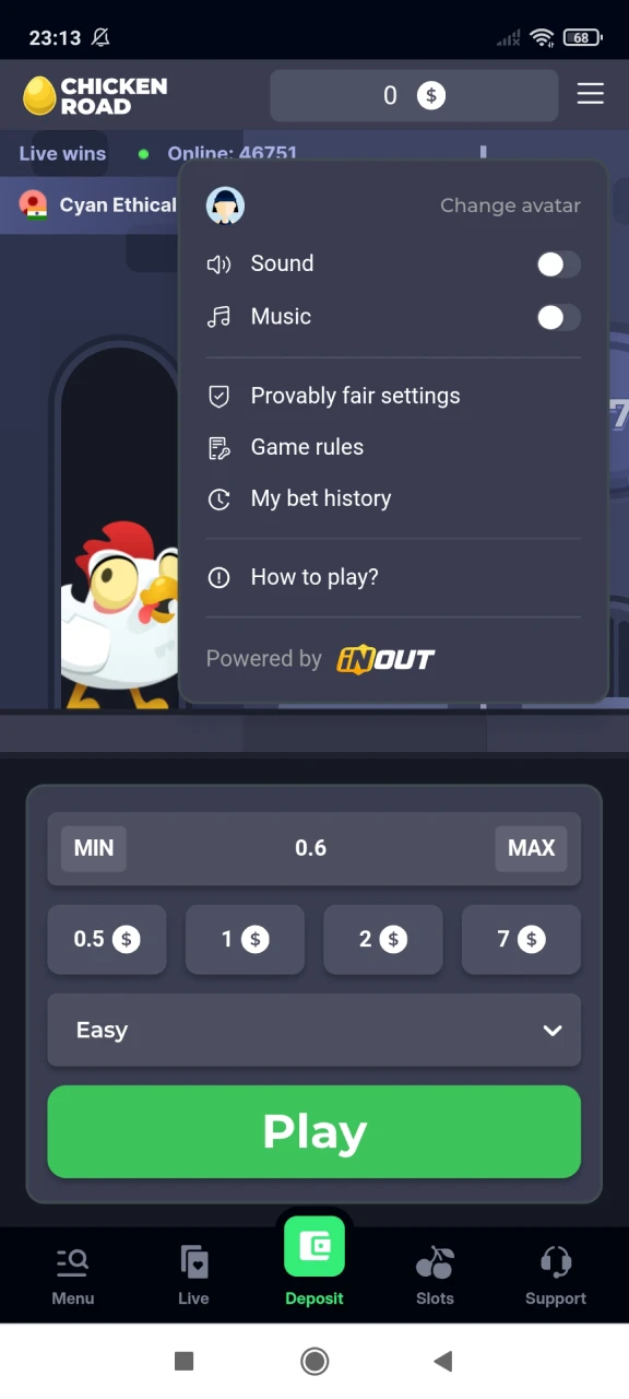 Explore the Chicken Road game menu.